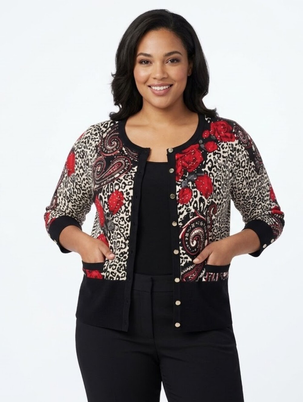 White House Black Market Black and Red Floral Paisley Cardigan, Size XL